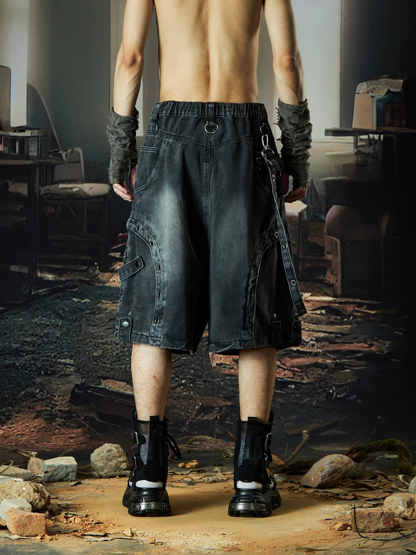 Wasteland Harness Cargo Denim Shorts