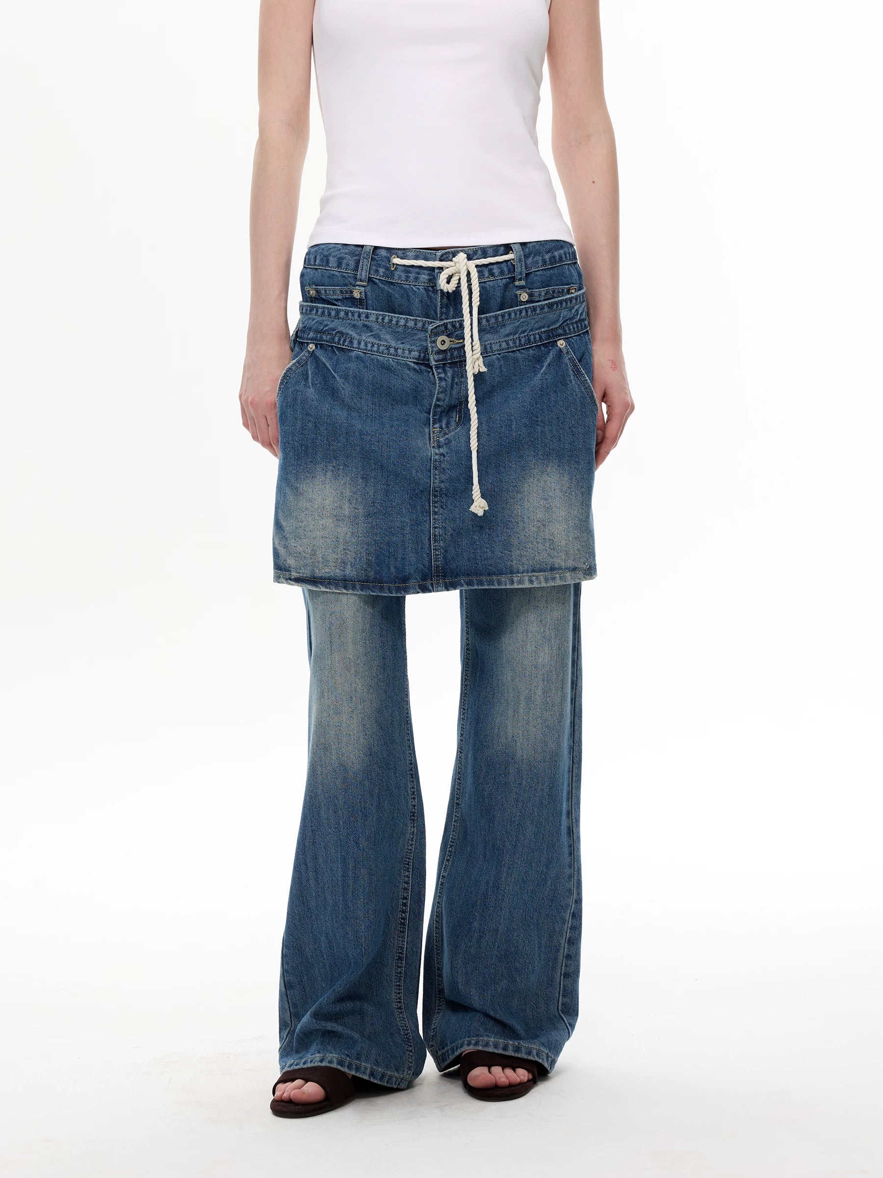 Rope Layer Denim Skirt‑Over Flare Jeans