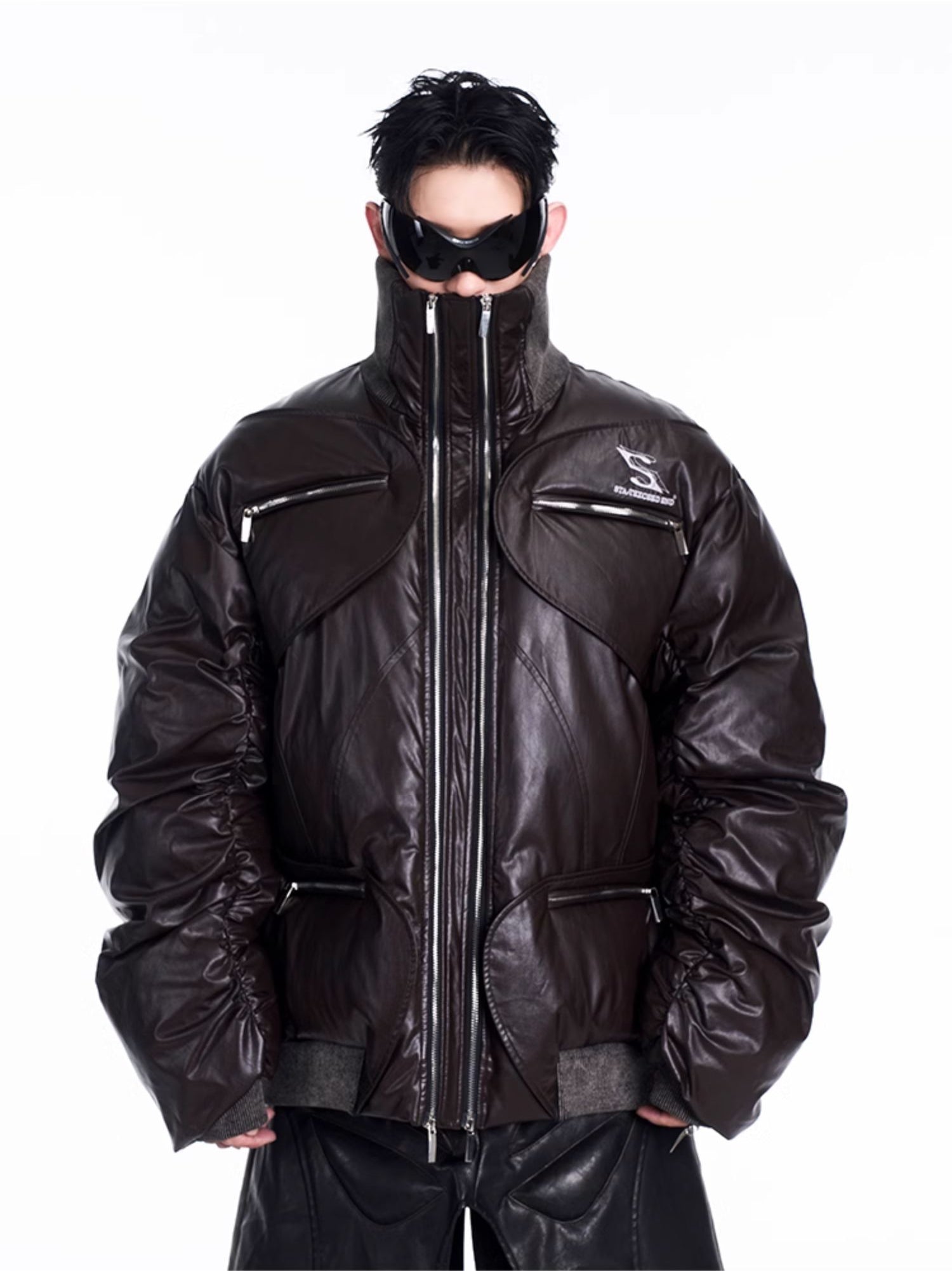 Stand Collar Multi-Pocket Leather Puffer Jacket