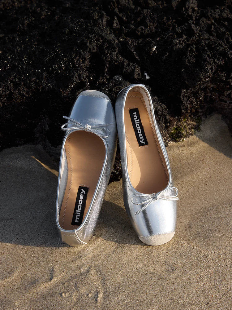 Bow-Trim Velvet Square-Toe Ballet Flats