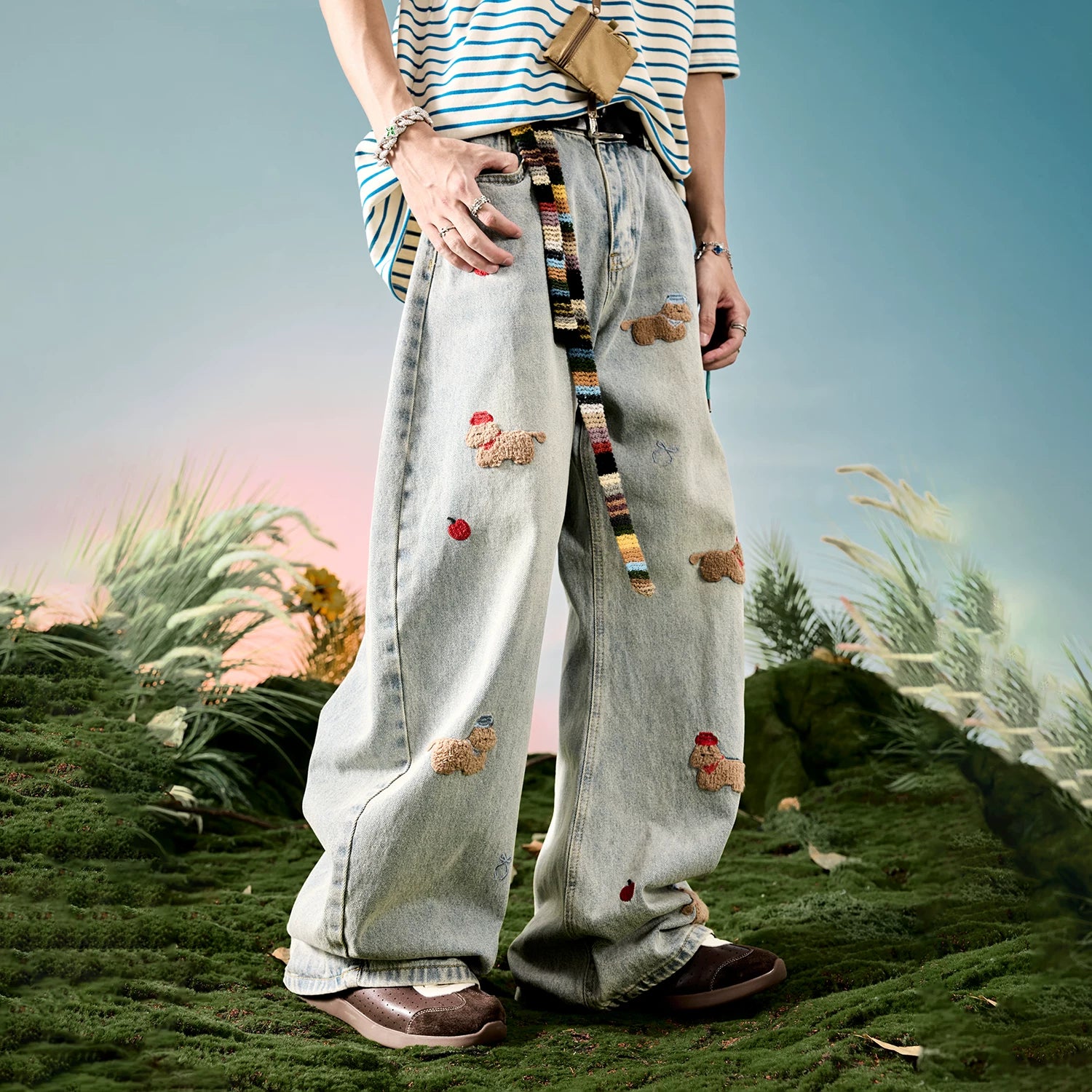 Embroidered Dog Patch Baggy Jeans