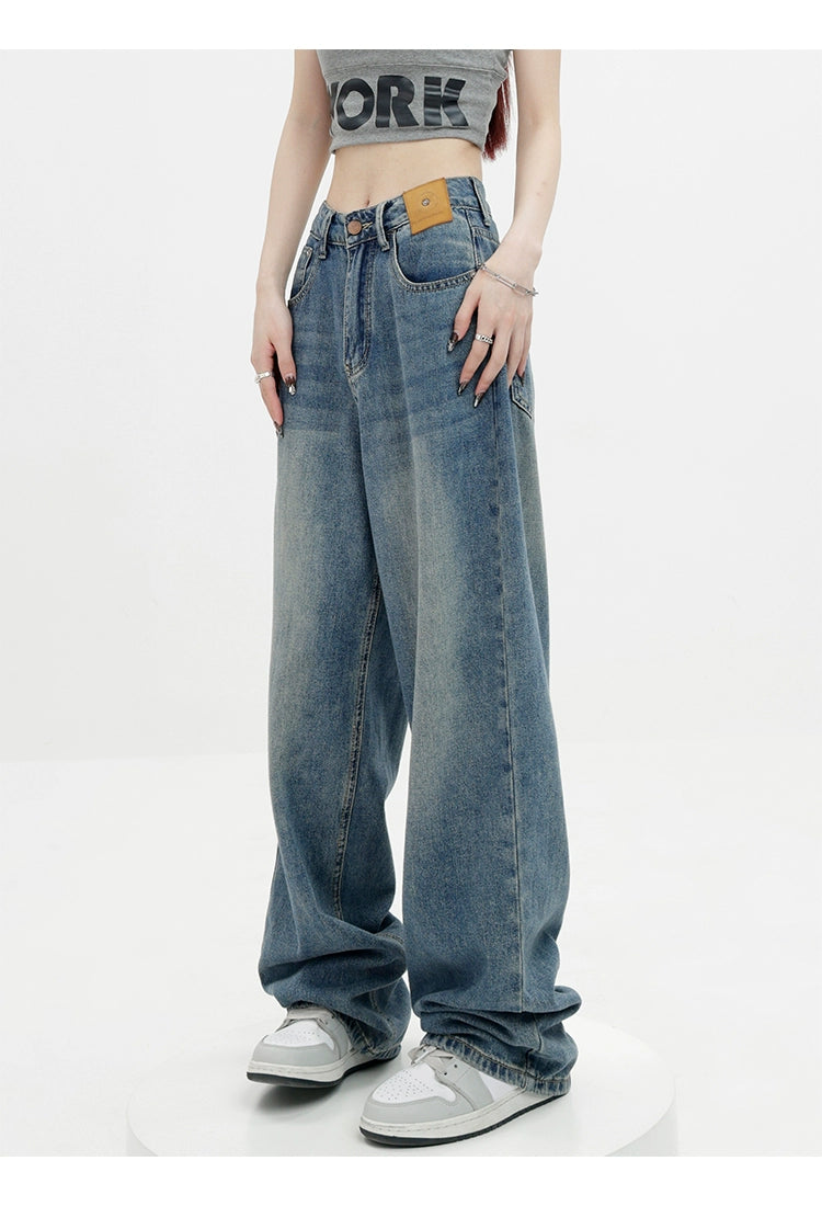 Blue Retro Loose Straight-Leg High-Waist Floor-Length Jeans - chiclara