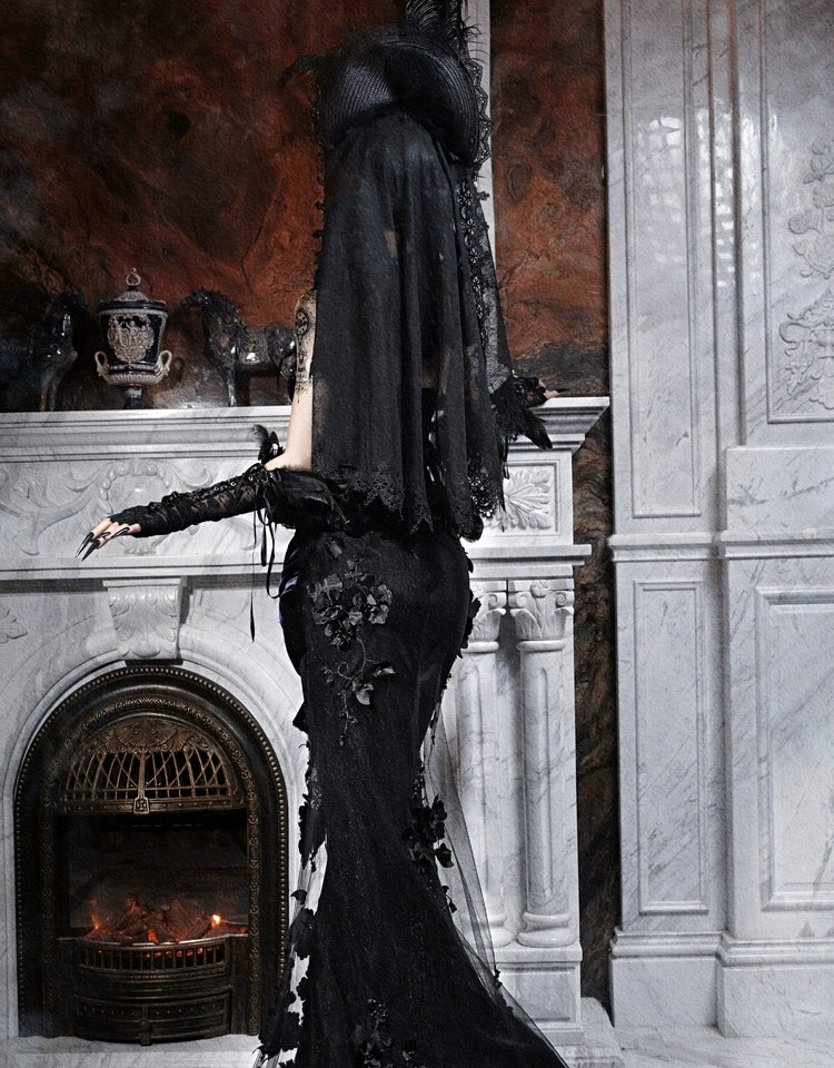 Gothic Black Velvet and Sheer Floral Mermaid Skirt