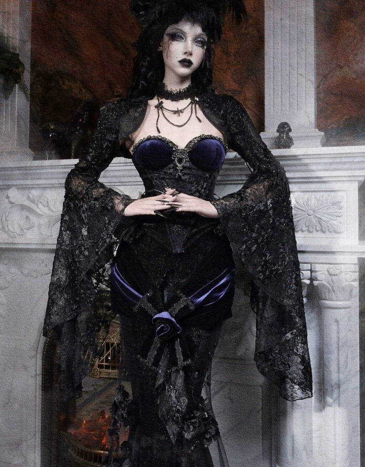Gothic Black Velvet and Sheer Floral Mermaid Skirt