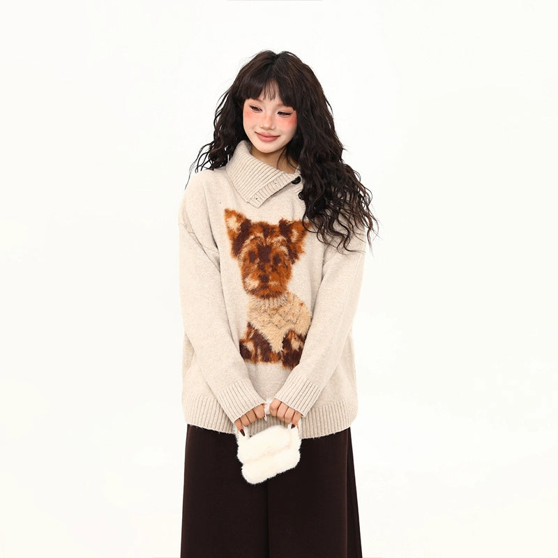 Cozy Terrier Shawl-Collar Knit Sweater