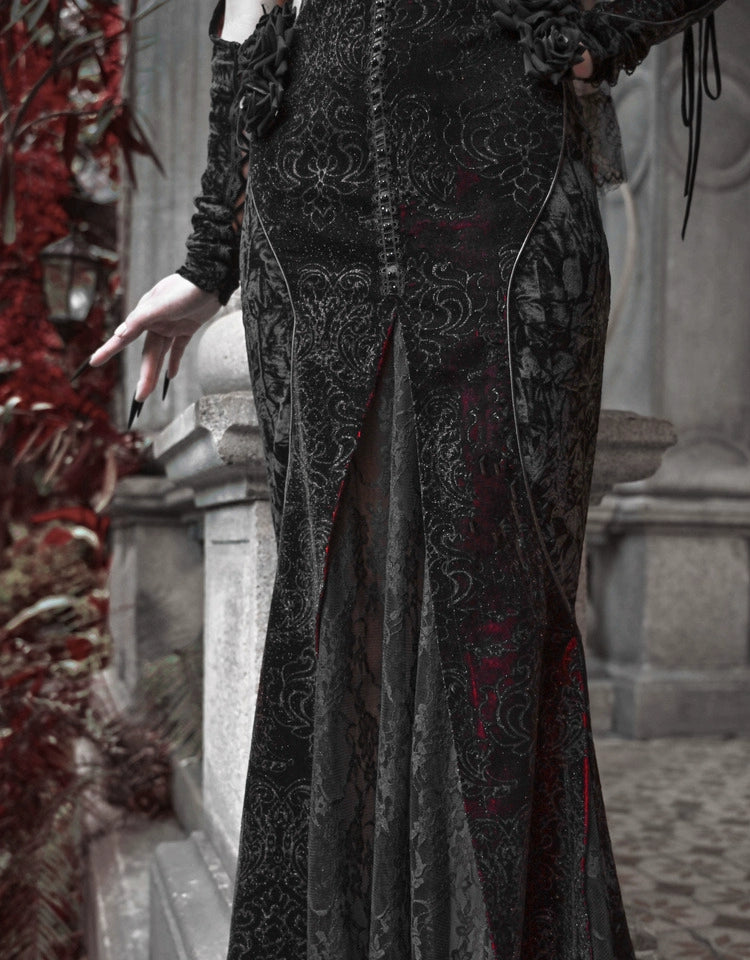 Gothic Black and Red Lace Mermaid Gown