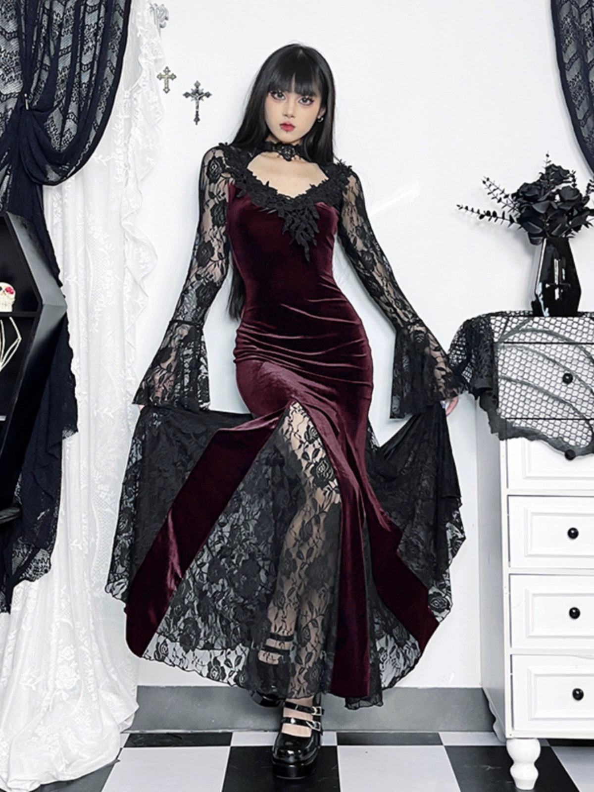 Robe sirène en velours gothique wannathis - robe de plancher en dentelle à manches longues avec collier élevé