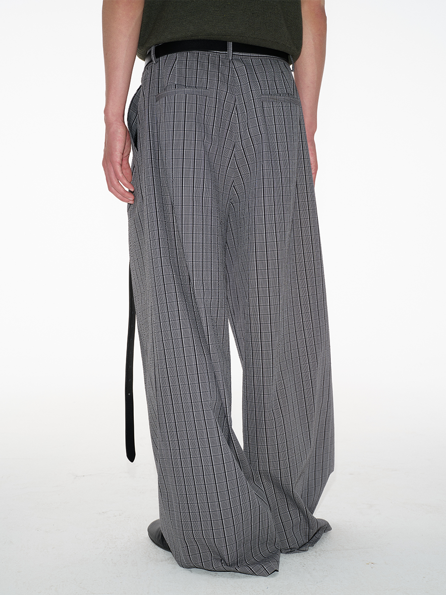 Grey Glen-Check Pleated Wide-Leg Trousers