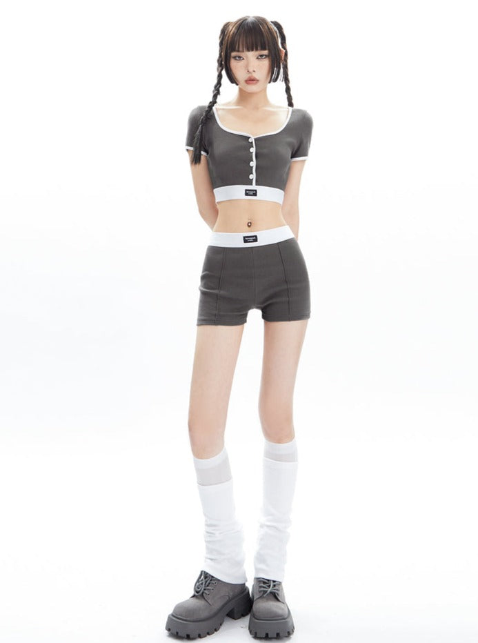 Black and White Contrast Trim Crop Top and Shorts Set