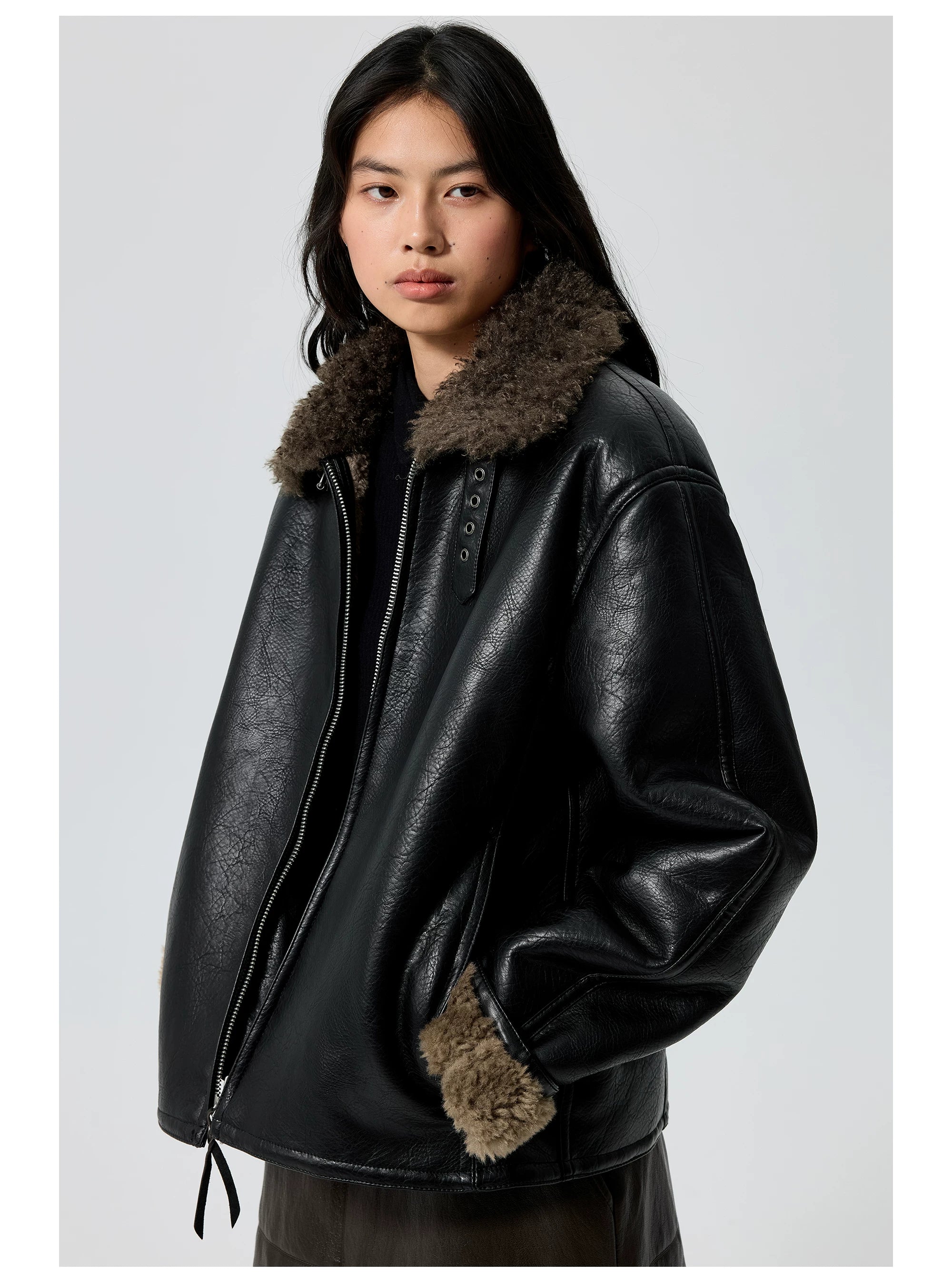 Oversized Faux Leather Jacket with Shearling Collar