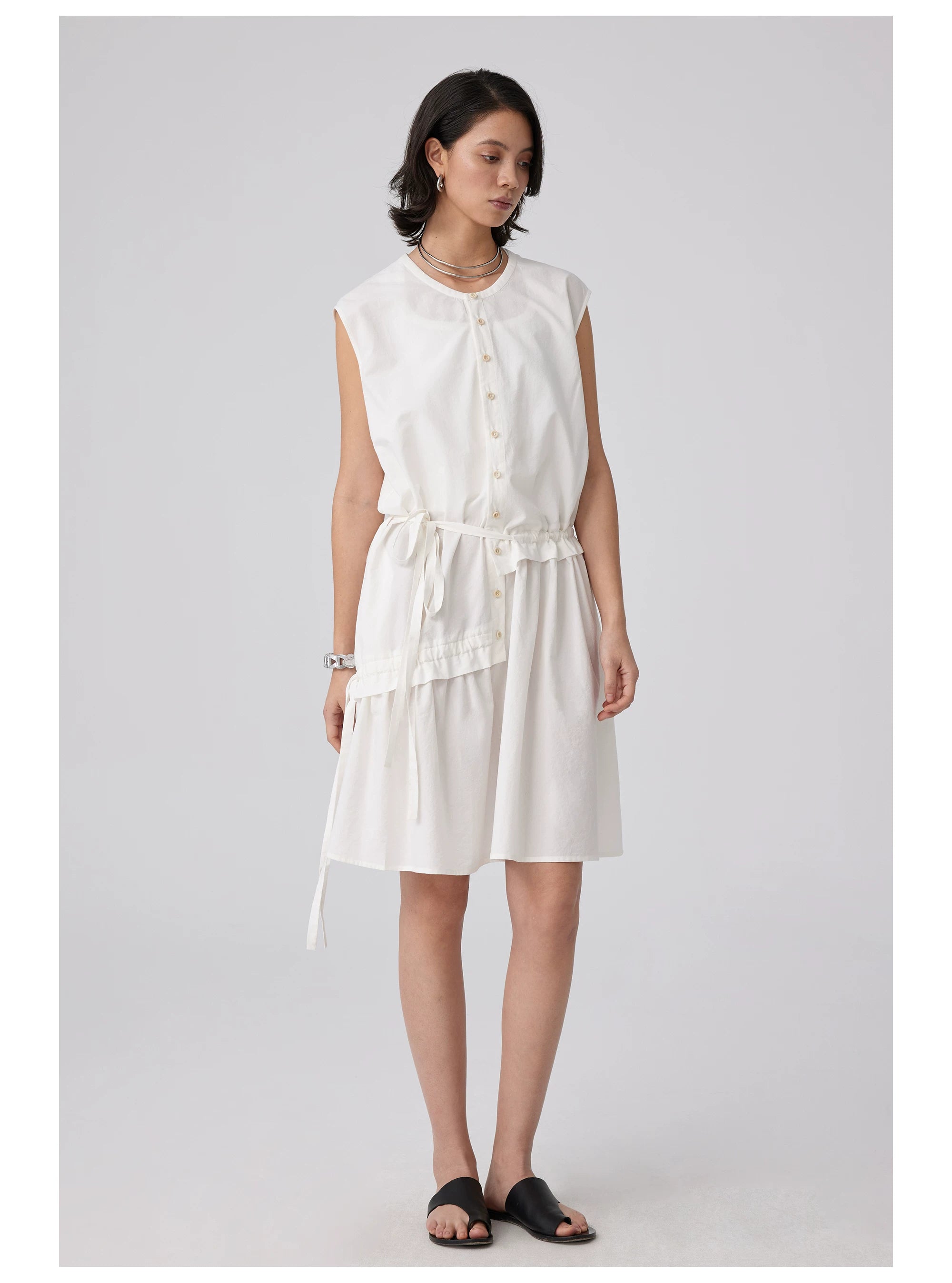 Sleeveless Button-Front Tie-Waist Dress