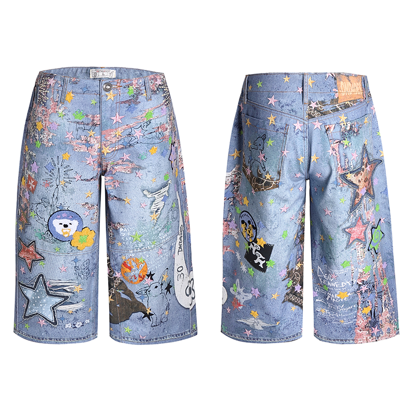 Graffiti Patchwork Denim Bermuda Shorts