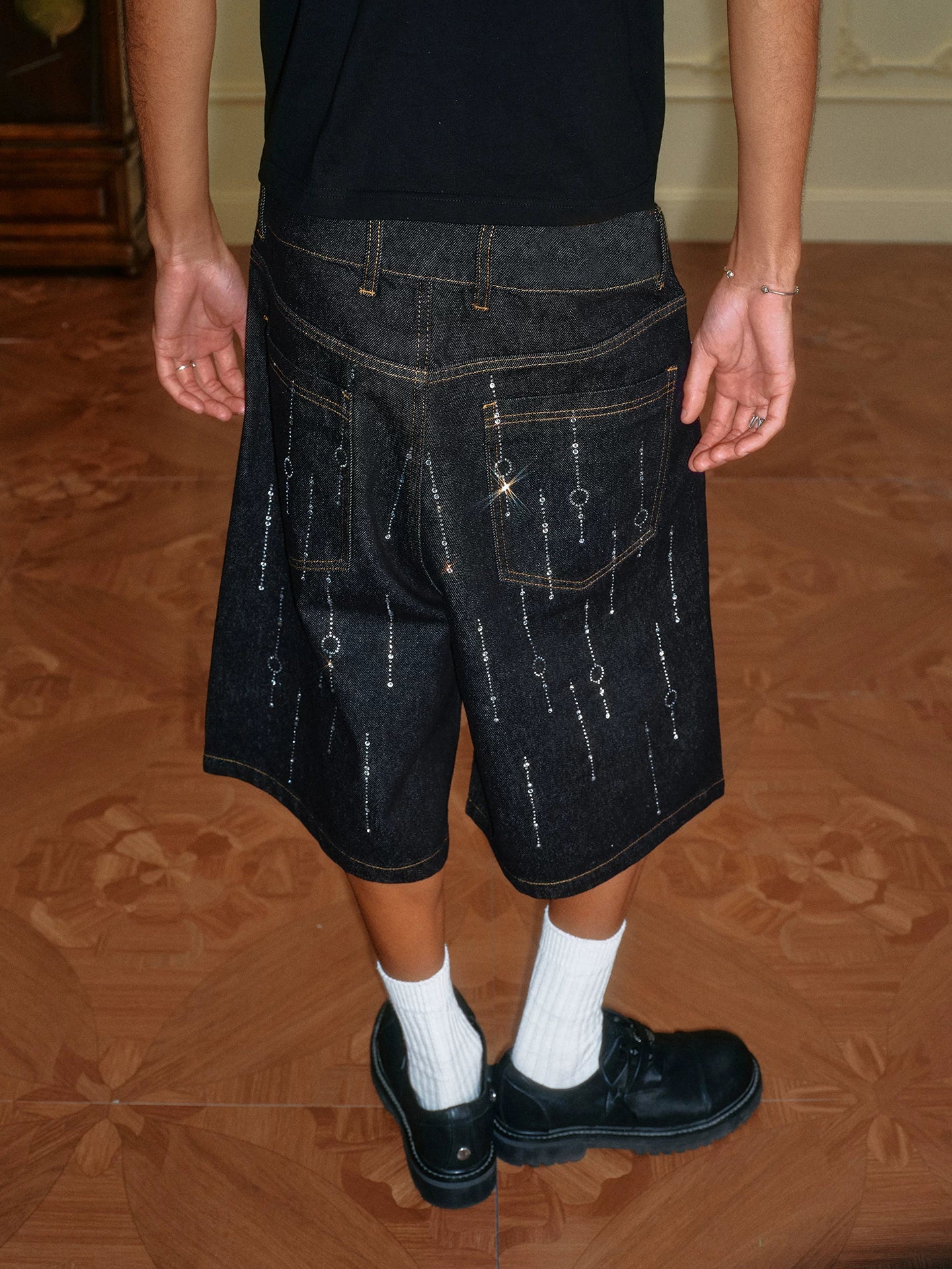 Crystal Embellished Wide Leg Denim Shorts
