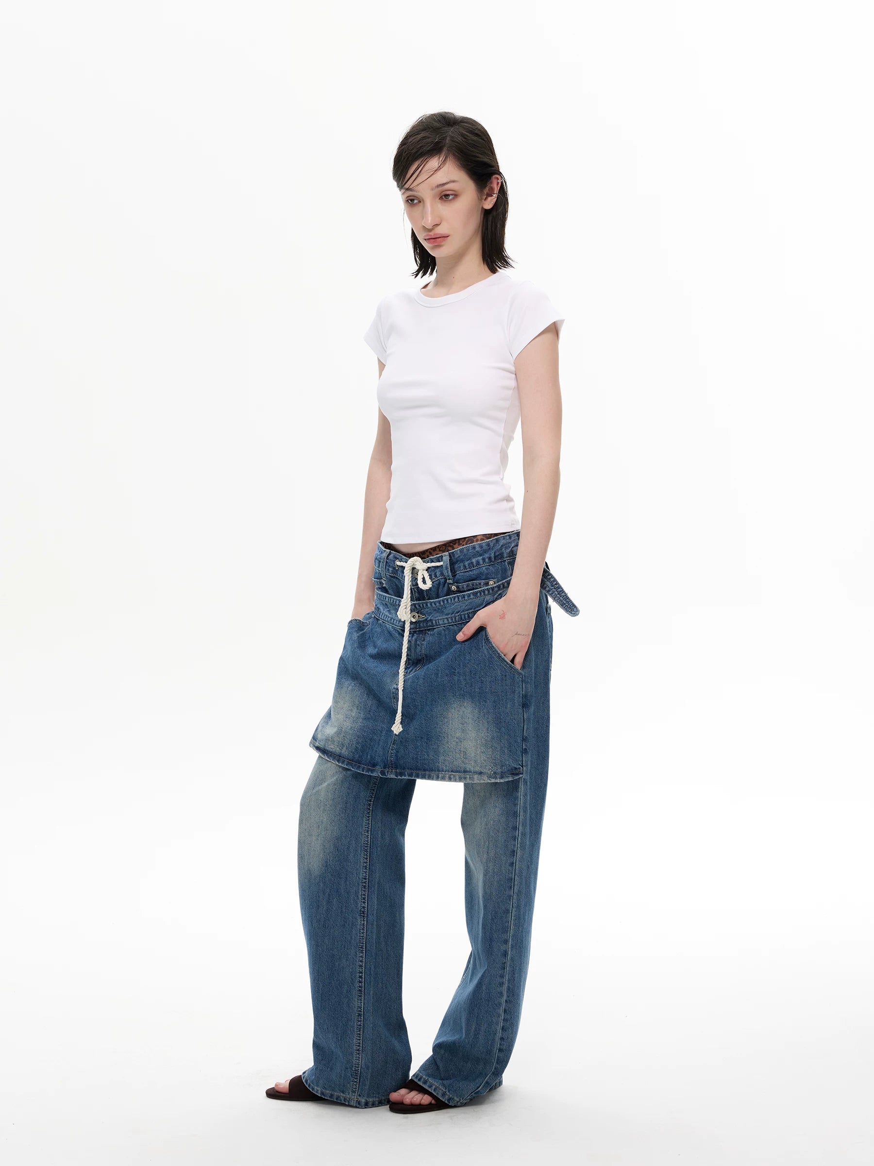 Rope Layer Denim Skirt‑Over Flare Jeans
