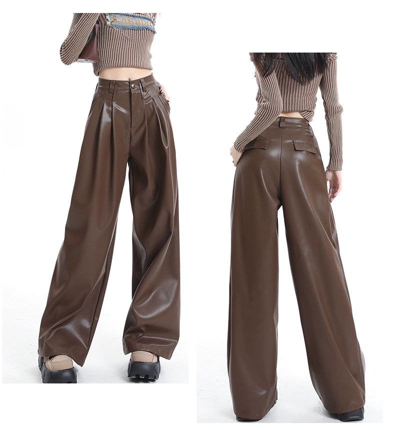 Coffee Wide-Leg Pu Leather Pants - chiclara
