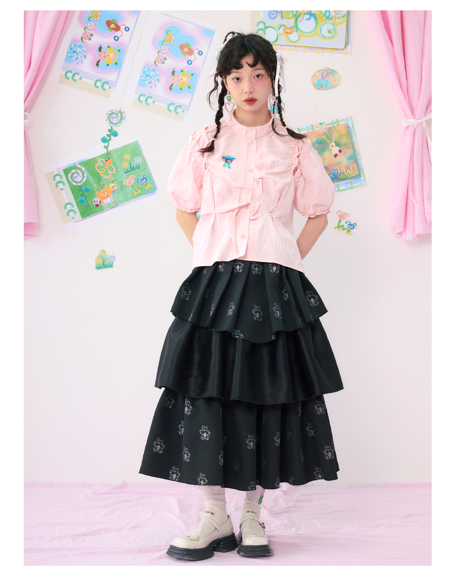 Black Tiered Ruffle Midi Skirt