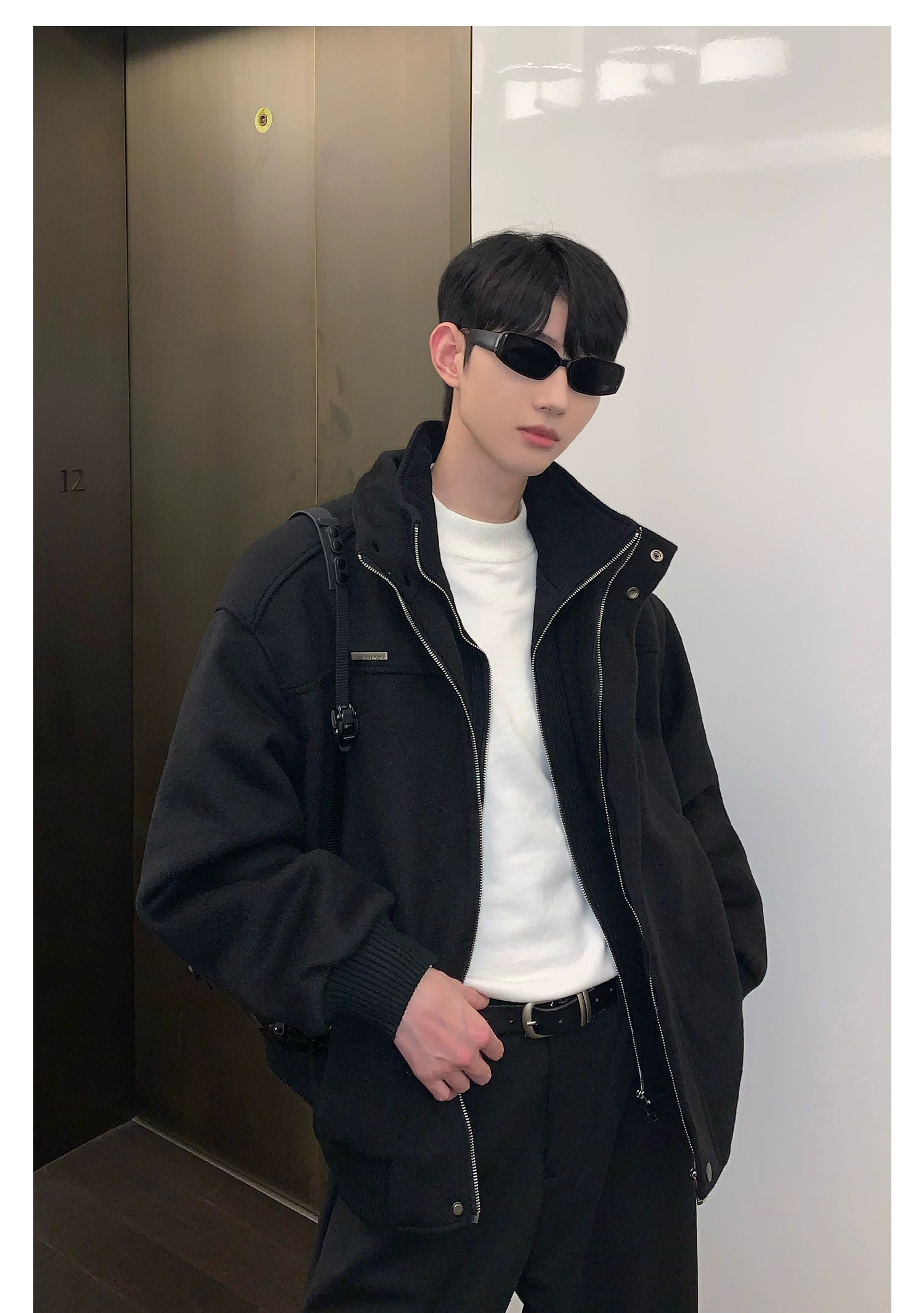 Bomber Jacket with Stand Collar and Ribbed Cuffs