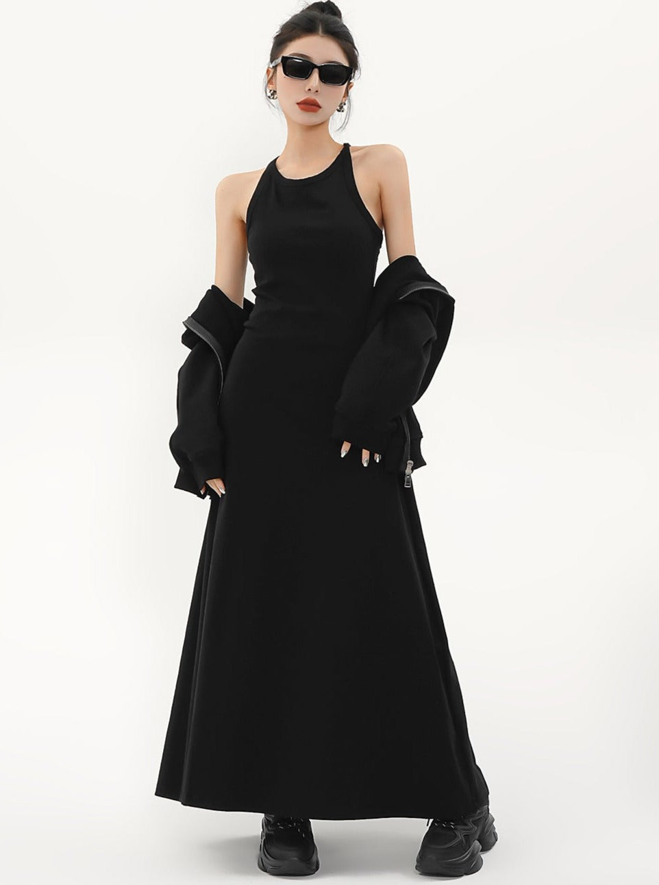 Vestido maxi negro sin mangas - vestido de noche columna de cuello alto