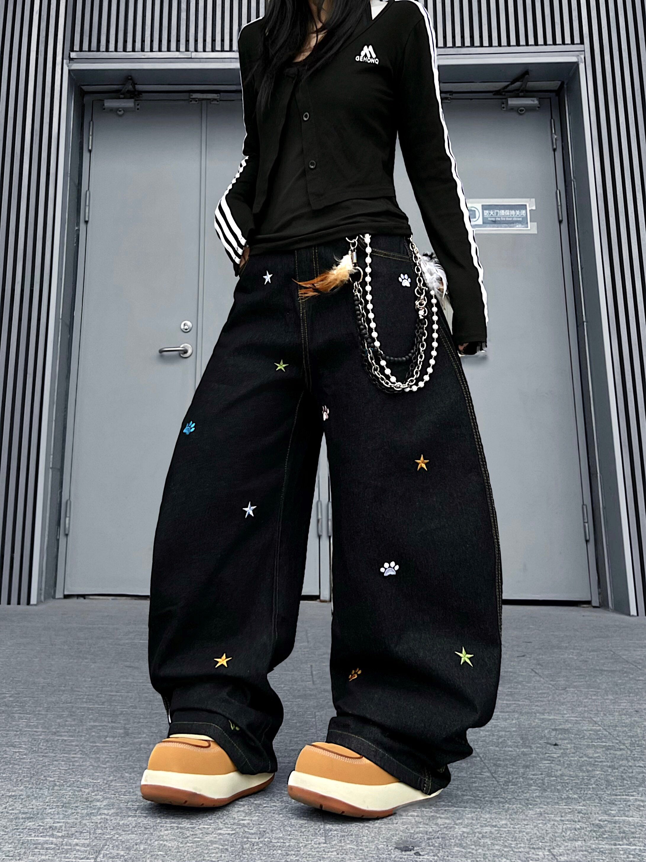 Men's Star Embroidery Wide-Leg Jeans