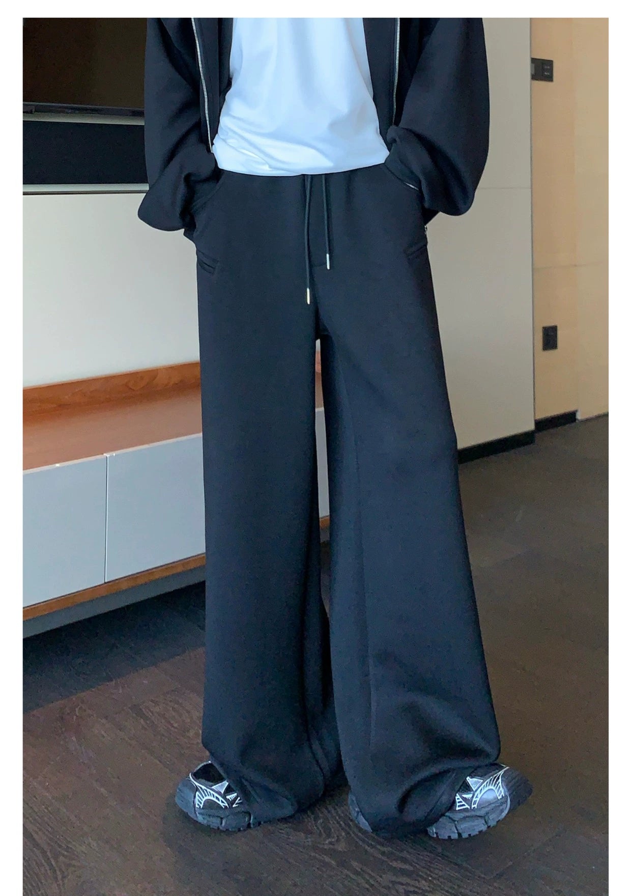 Shoulder-Padded Hoodie Jacket with Straight-Leg Pants Two-Piece Set