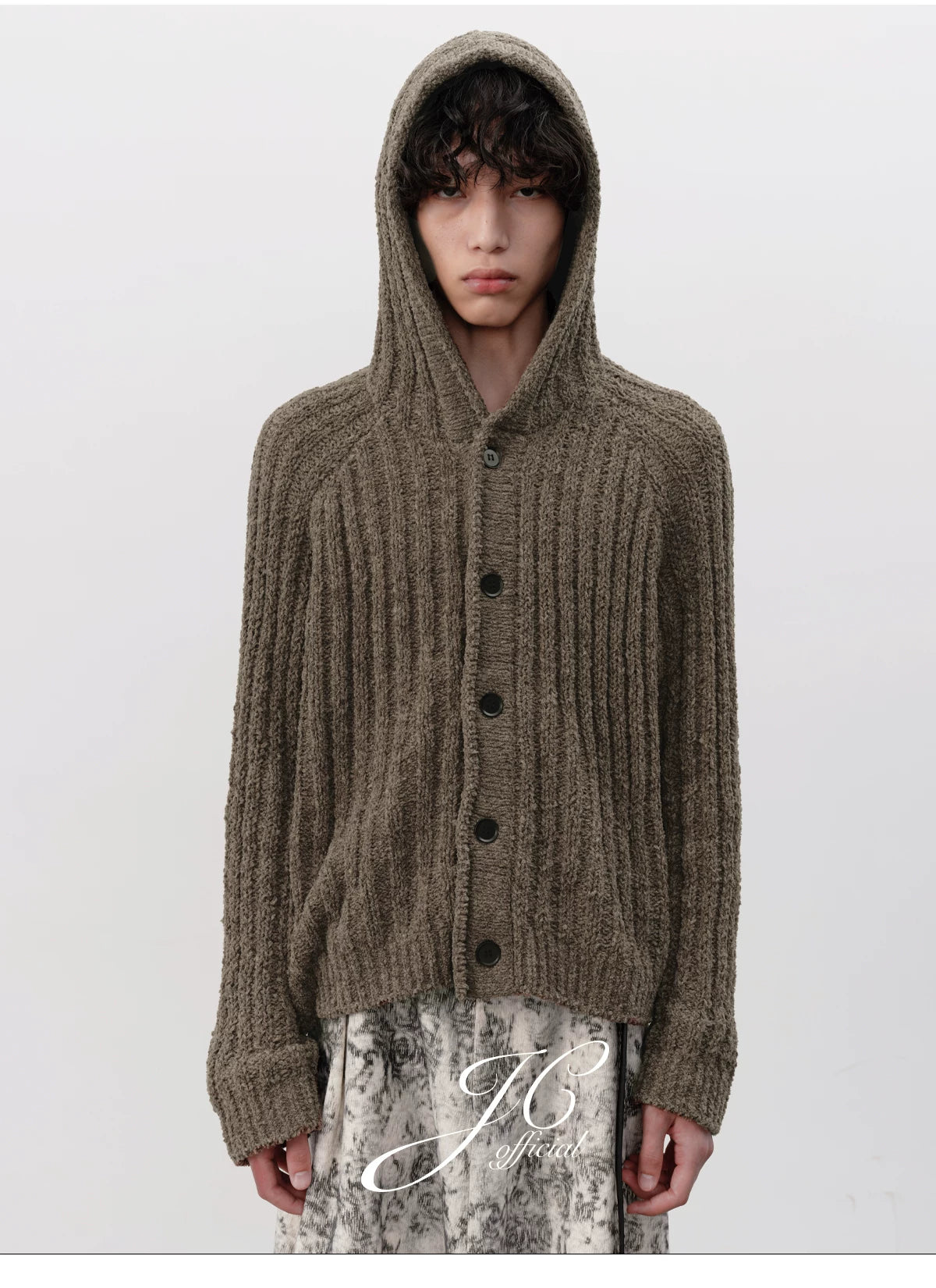 Ribbed Button-Up Knit Hoodie Cardigan