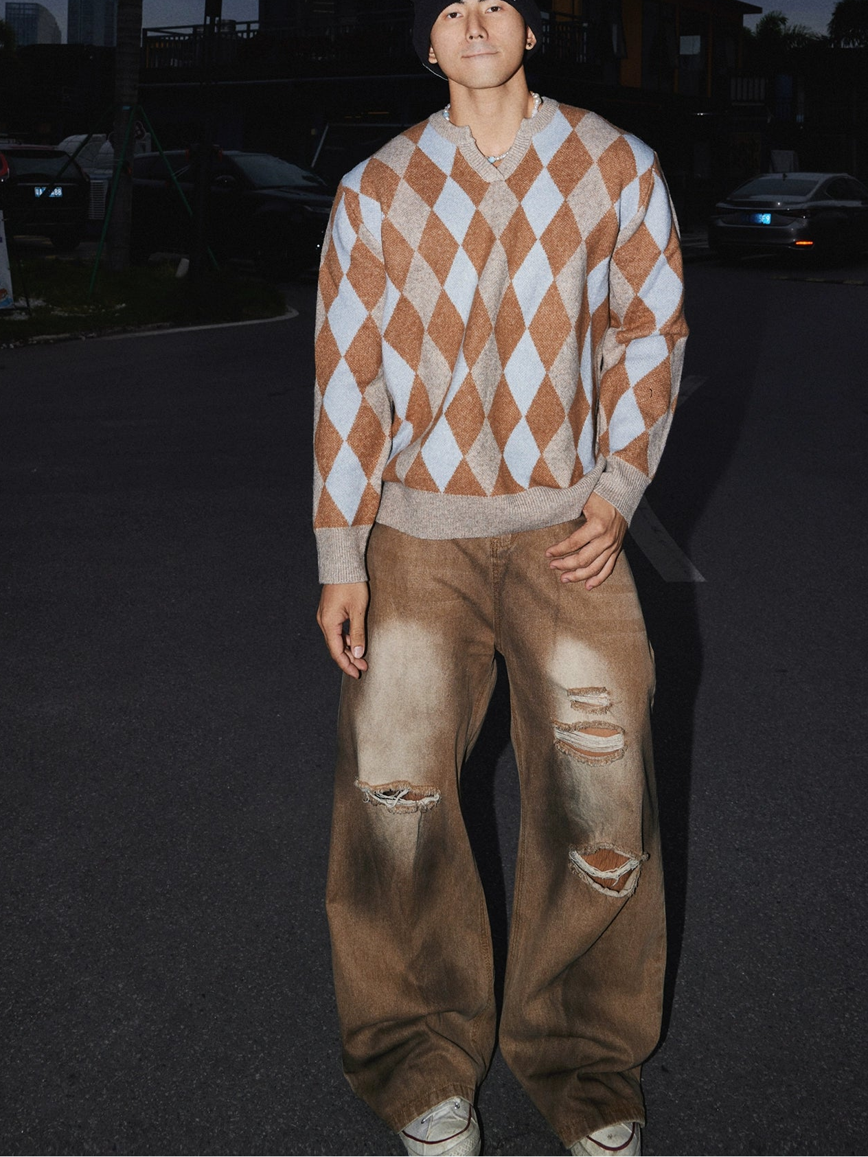 Caramel Frost Argyle Knit Sweater