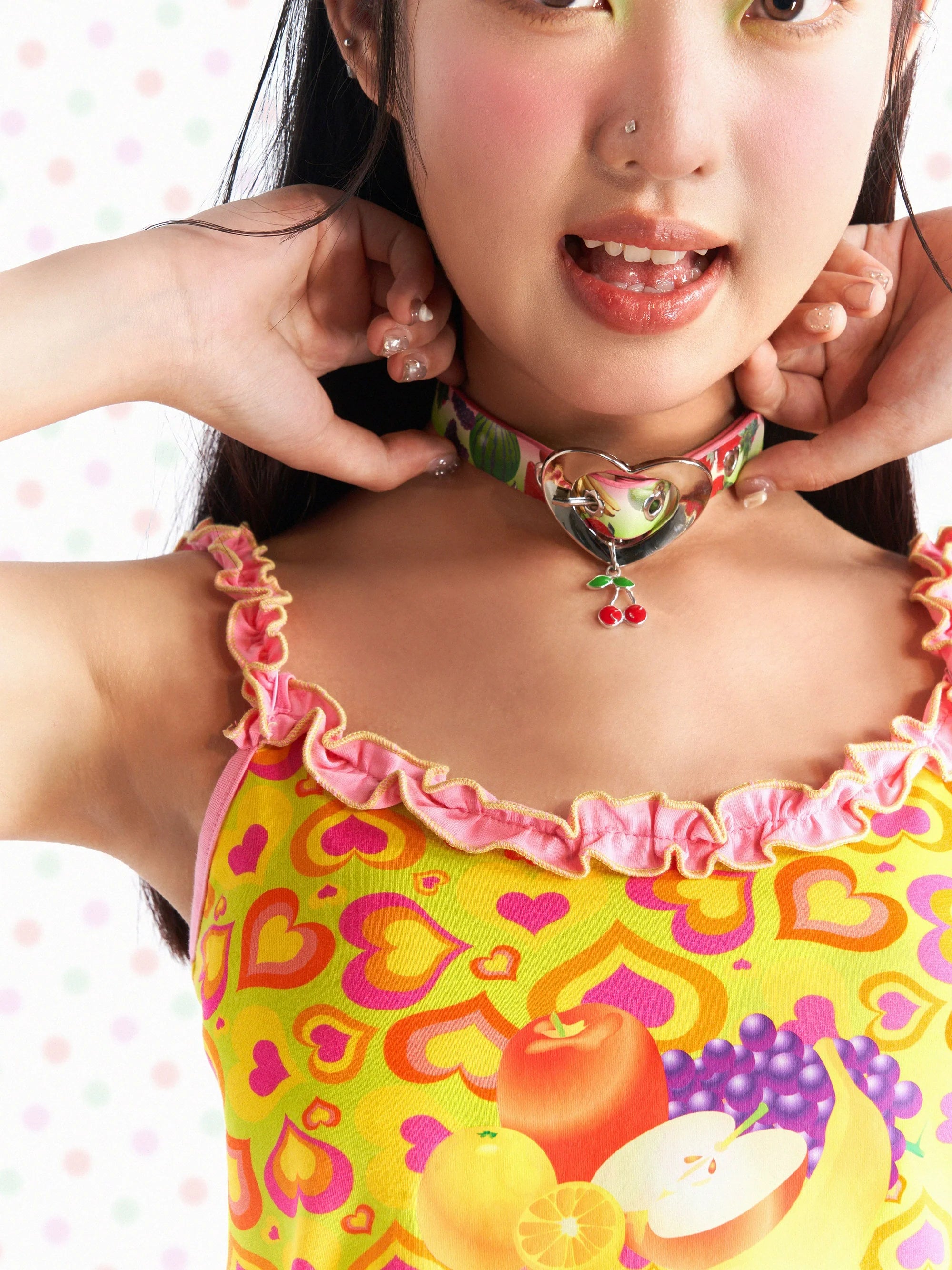 Heart Lock Fruit Print Choker Necklace
