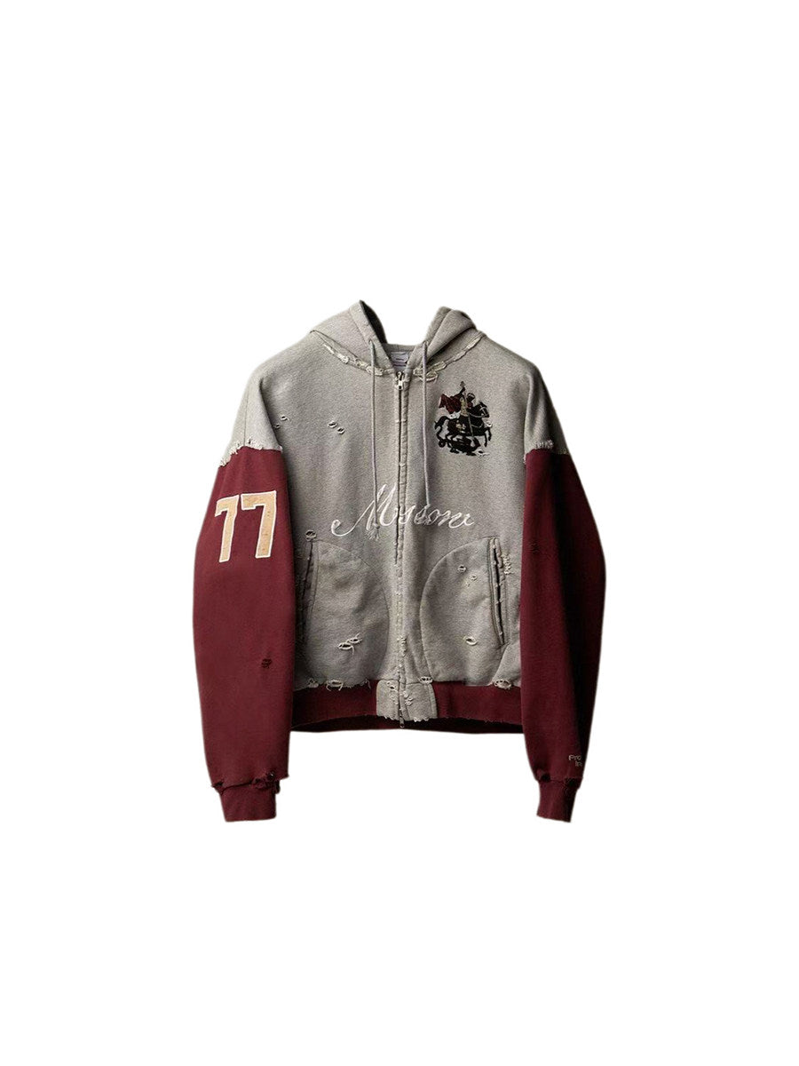 Men's Distressed Number-Print Embroidered Oversized Zip-Up Hoodie