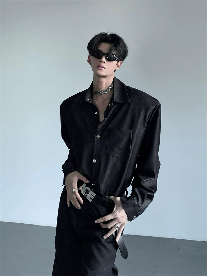 Structured Black Button-Up Shirt with Wide Shoulders