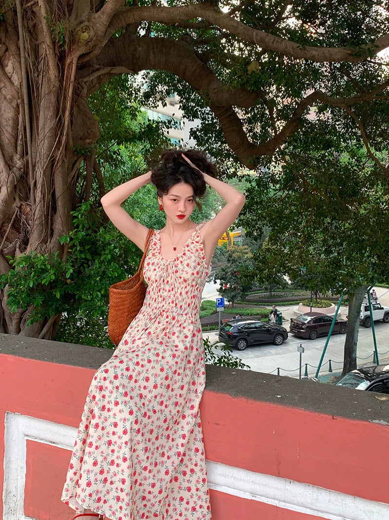 Puff-Sleeve Maxi Dress with Red Floral Print