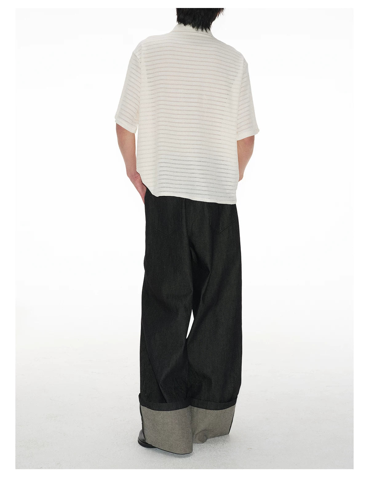 Cuffed Wide-Leg Denim Trousers with Contrast Turn-Up Hem