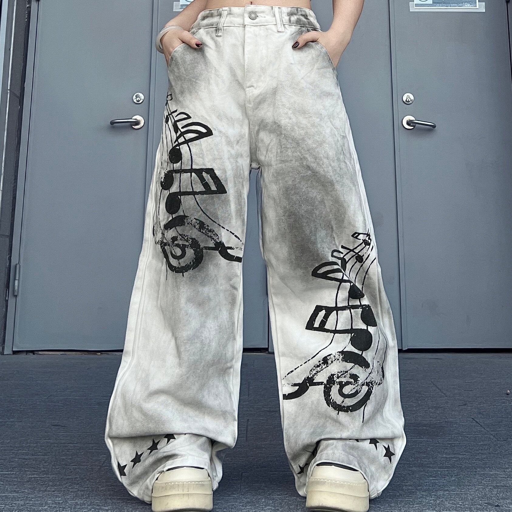Men's Washed Distressed Print Wide-Leg Jeans