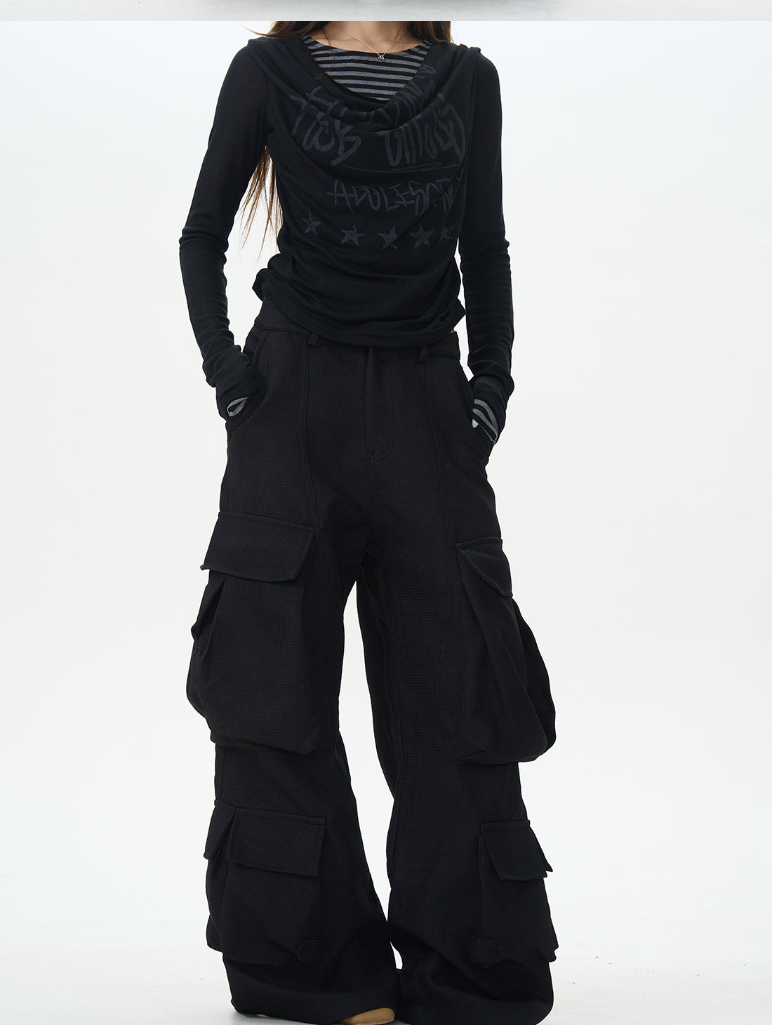 Black Wide Rave Cargo Pants