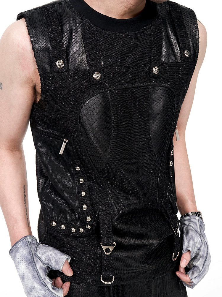 Punk Studded Utility Vest & Sequin Wide Leg Pants Setup