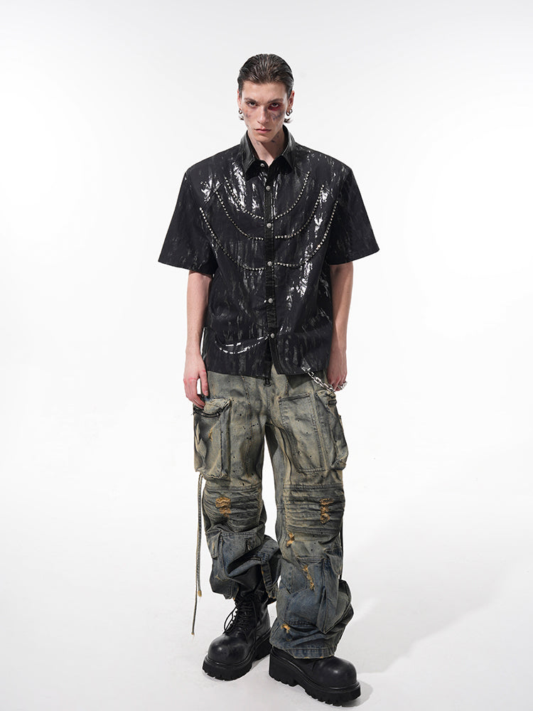 Black Tie-Dye Chain Detail Shirt