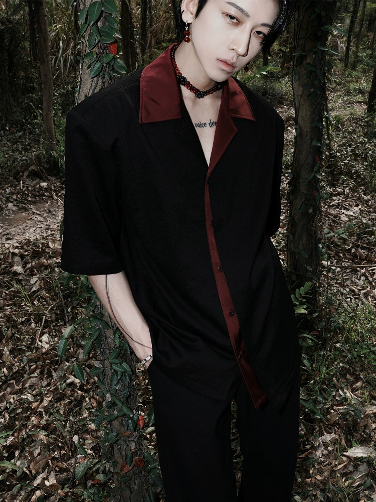 Black Short-Sleeve Button-Up Shirt with Burgundy Collar and Placket