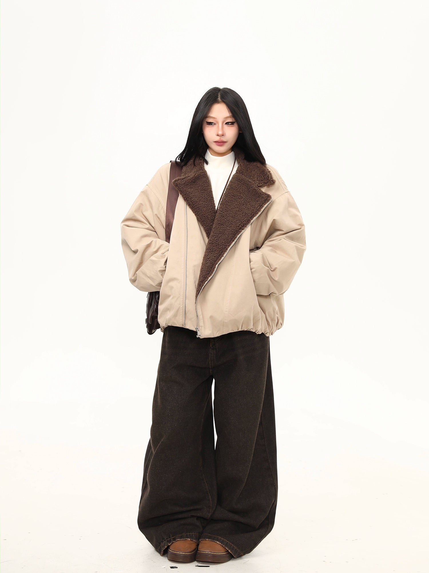 Sandstone Shearling Panel Zip Jacket