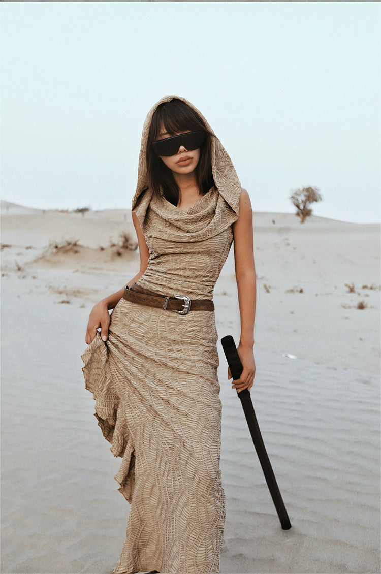 Desert Sand Textured Hooded Dress Dress + Sleeves + Mask Three-Piece Set / M
