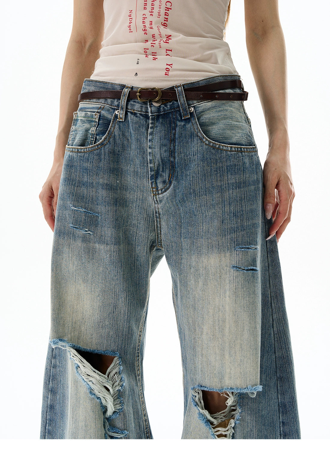 Heavy Knee Distressed Wide Leg Blue Jeans