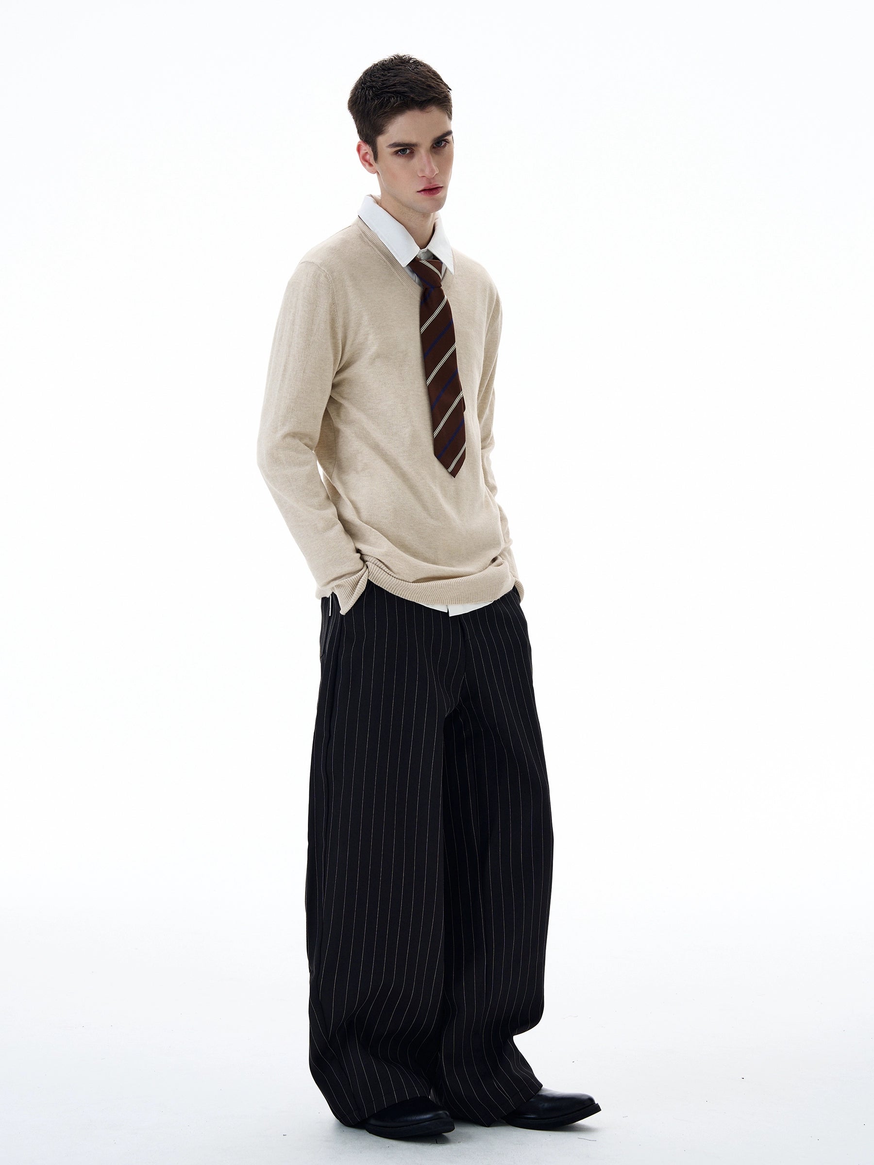 Chocolate Pinstripe Wide-Leg Trousers