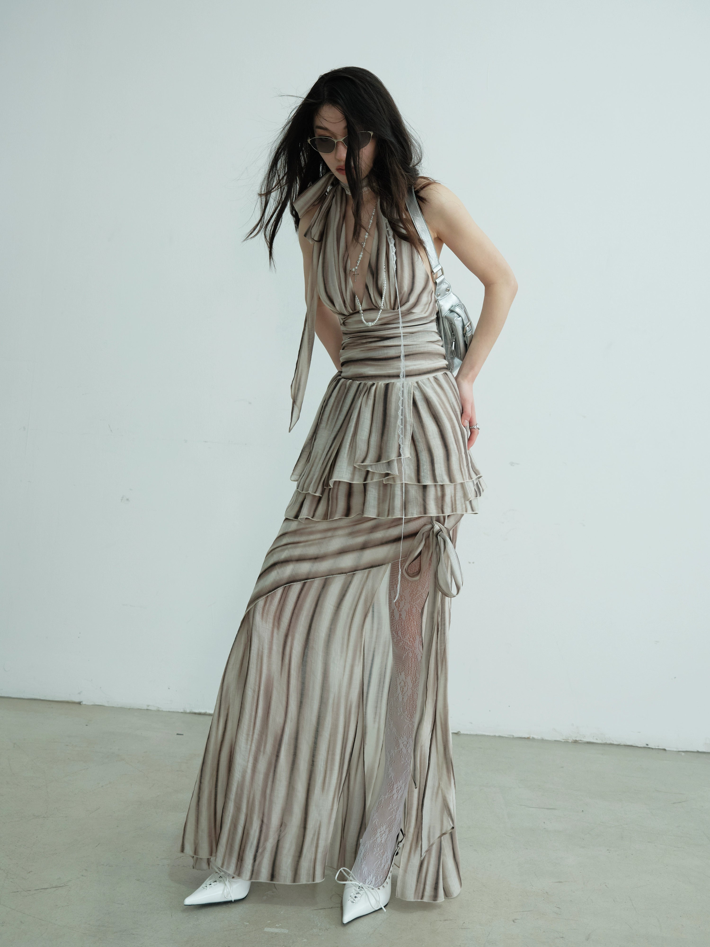 Ruched Halter Striped Two-Piece Dress Set