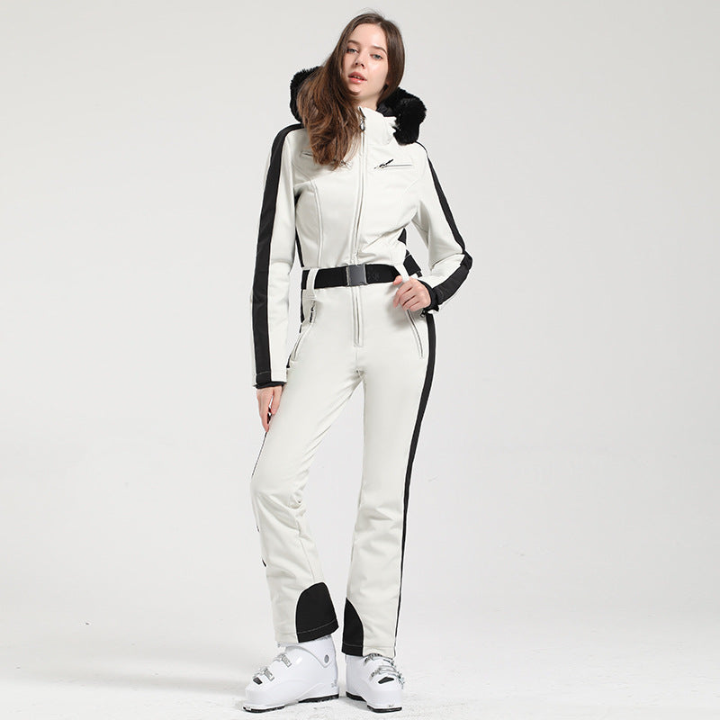 Belted One-Piece Ski Suits with Fur Hoods