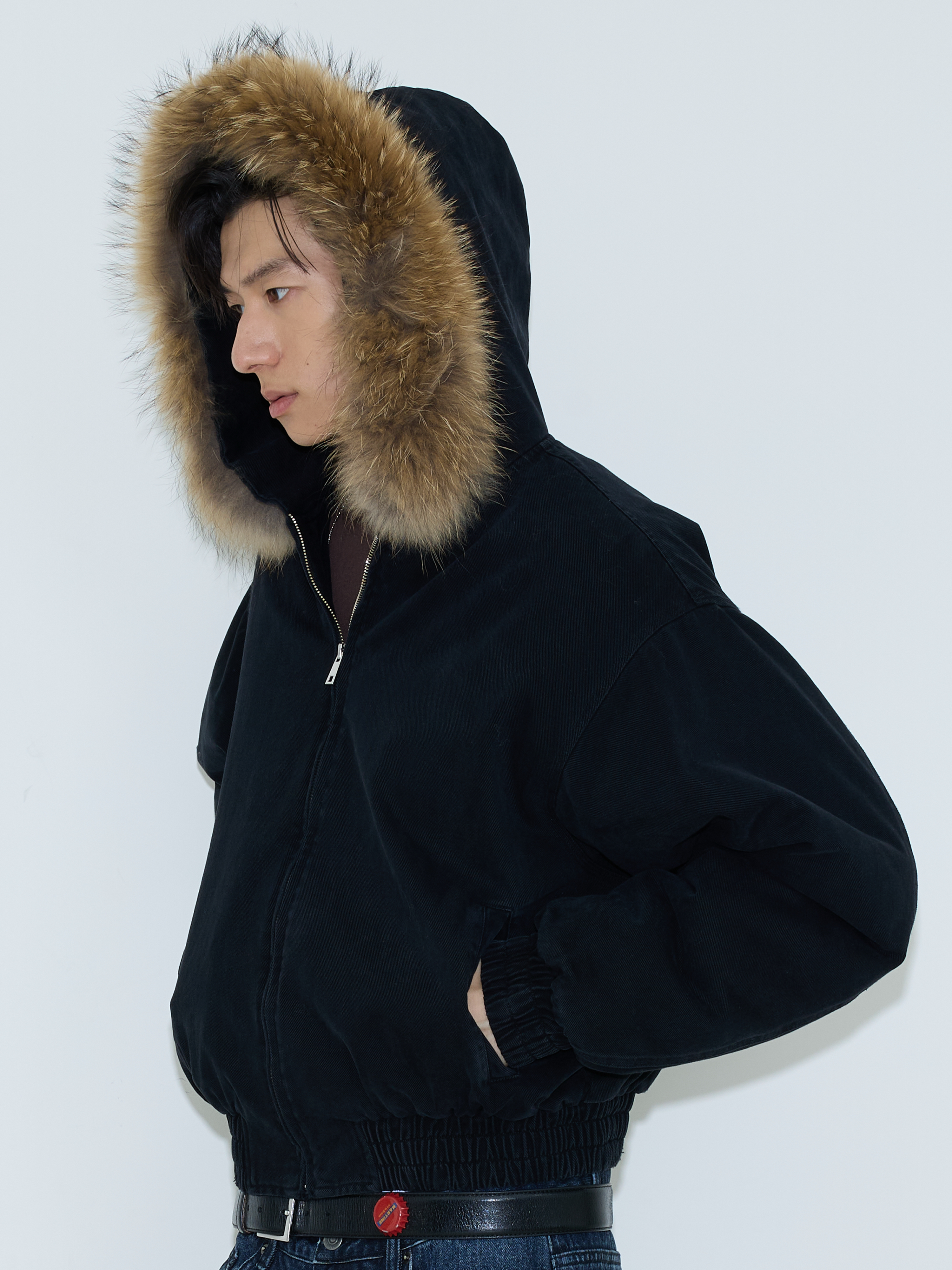 Midnight Tundra Faux‑Fur Hood Bomber