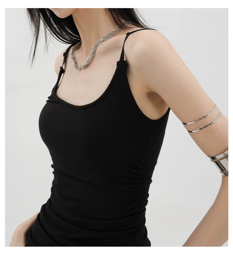 Black Asymmetric Ribbon Strap Tank Top With Ruffle Edge Design - chiclara