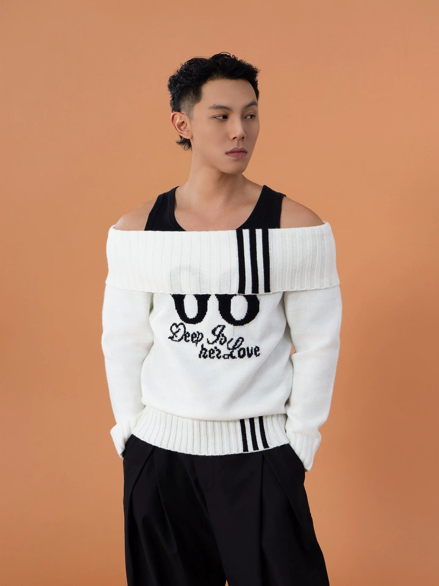 Varsity Drift Off-Shoulder Knit Pullover