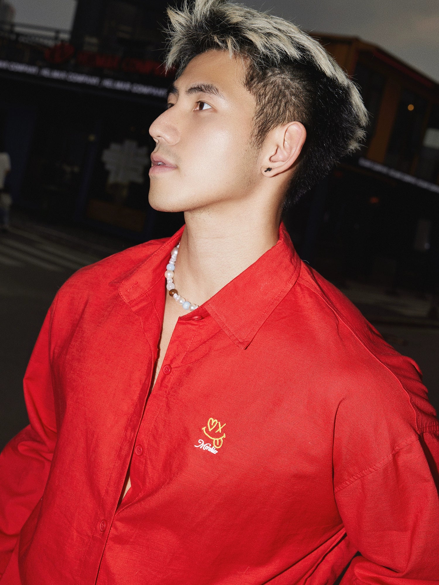 Red Embroidered Button-Up Shirt