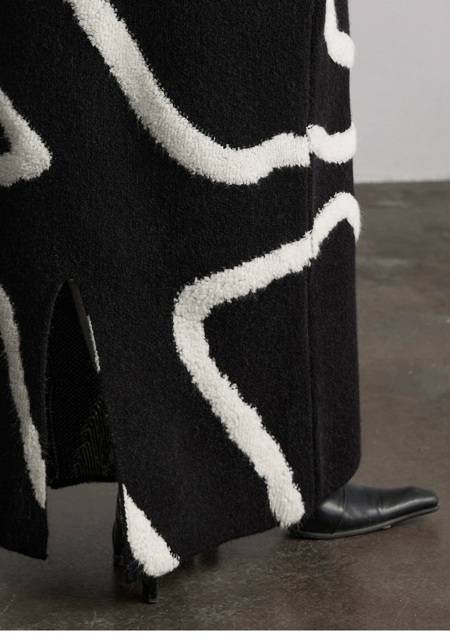 White Striped Black Knit Straight Skirt