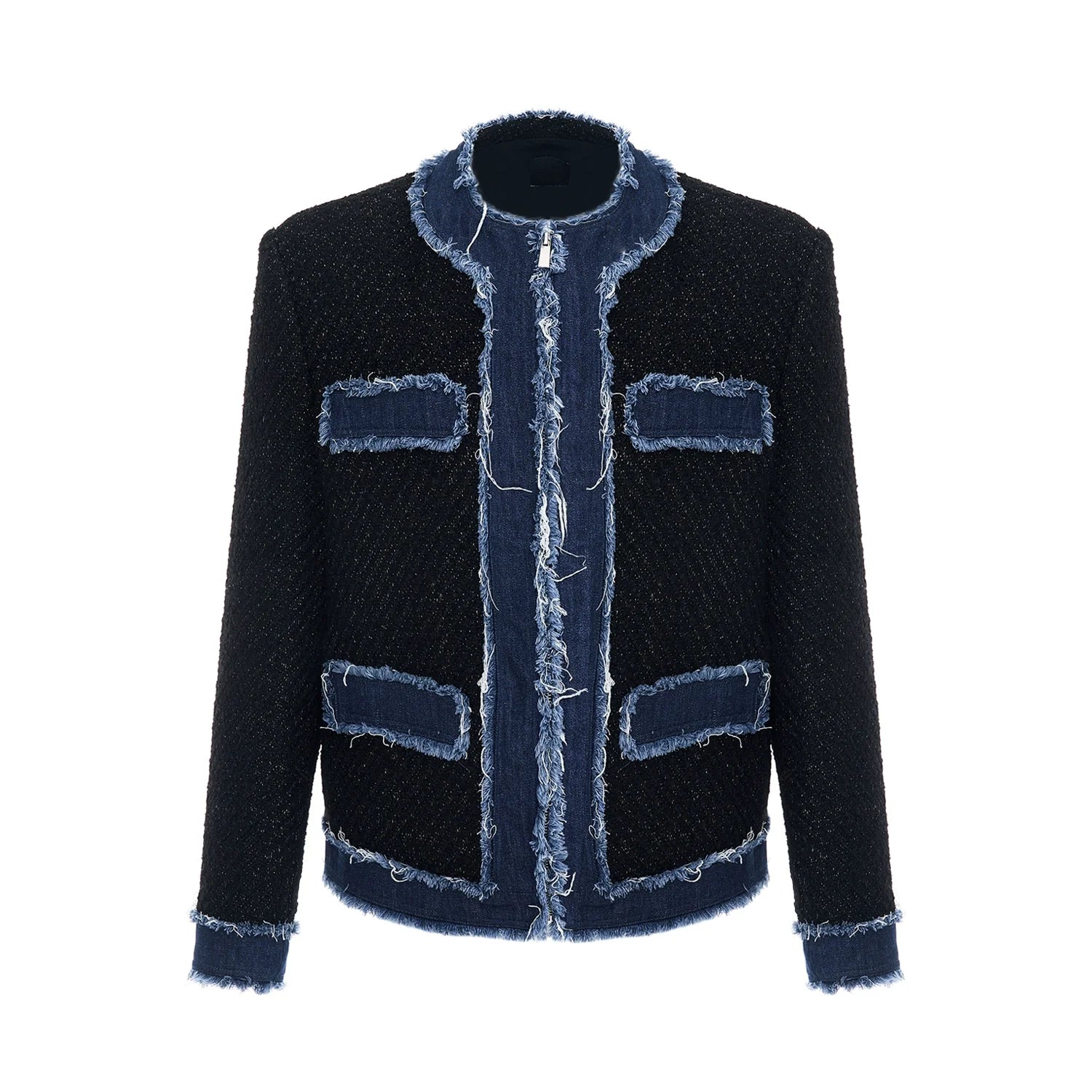 Tweed Jacket with Distressed Denim Trim