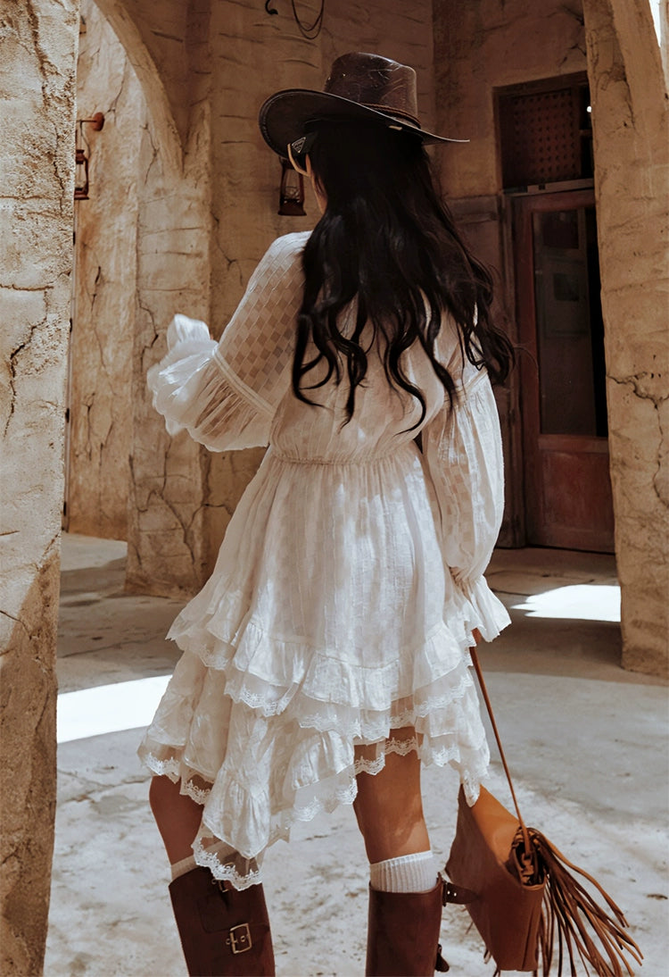 White Ruffle Long Sleeve Dress