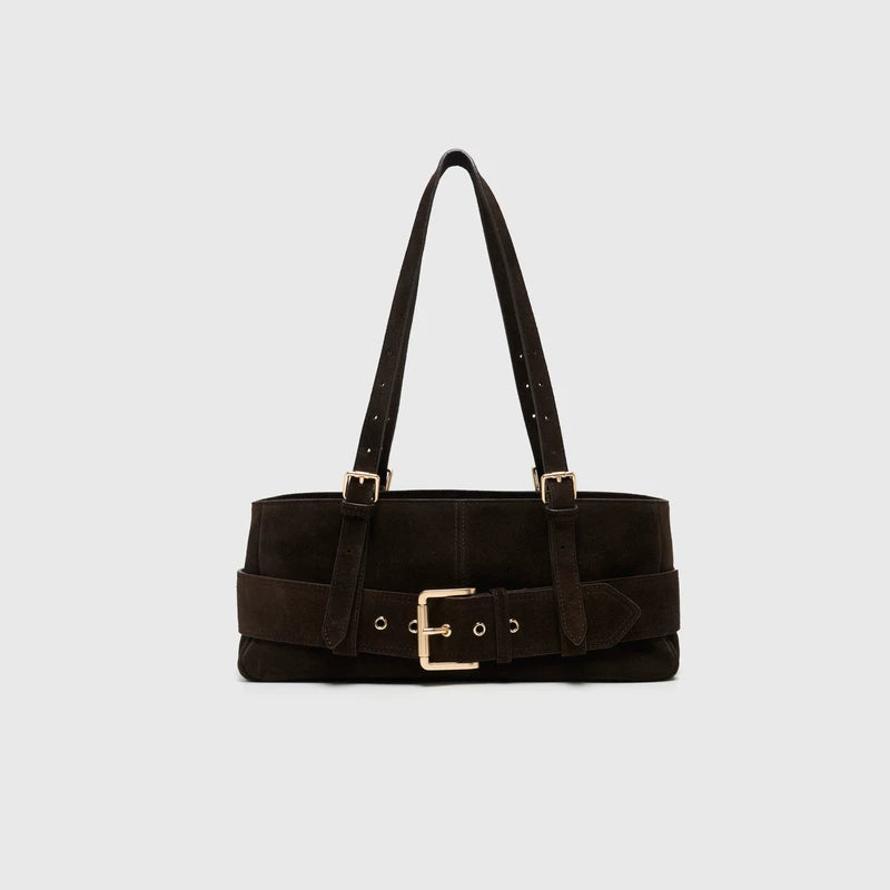 Weathered Buckle Baguette Shoulder Bag - Chocolate
